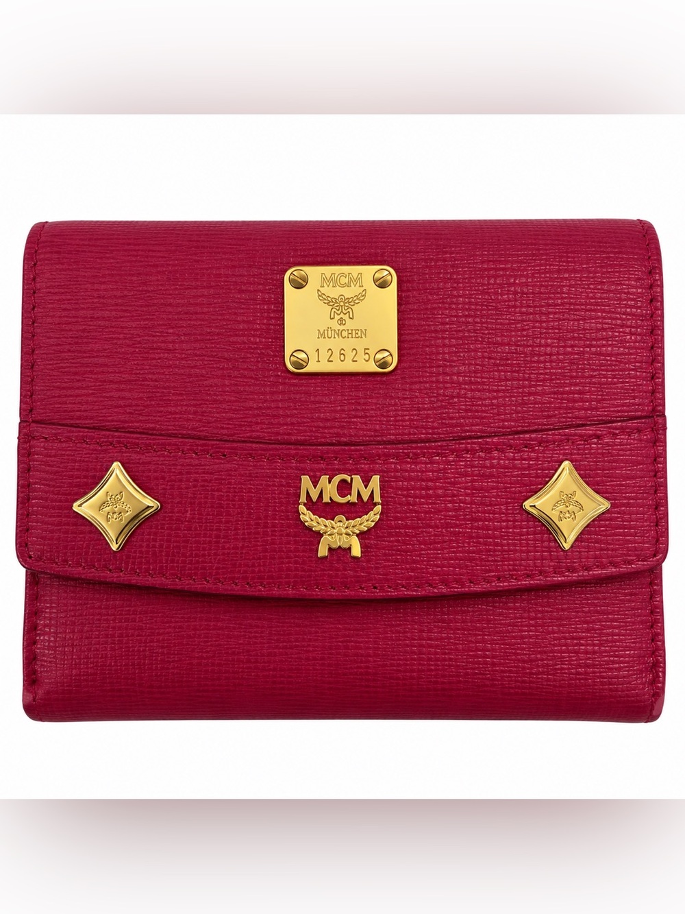 MCM Pink Pebbled Leather Trifold Wallet Gold Logo Hardware Zip Coin Pocket